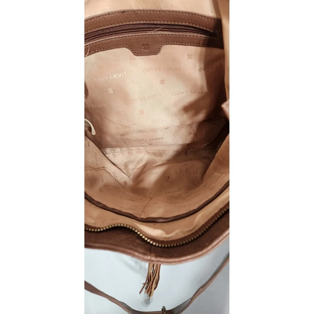 Lucky Brand Cognac Brown Pebbled Leather Tote Bag with Tassel and Clover Charm